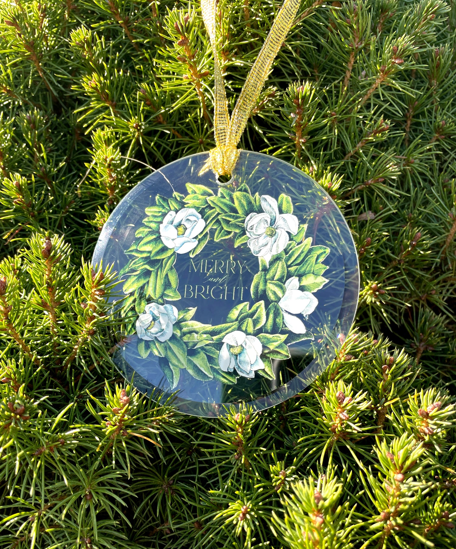  Merry and bright magnolia wreath glass ornament by rust belt love