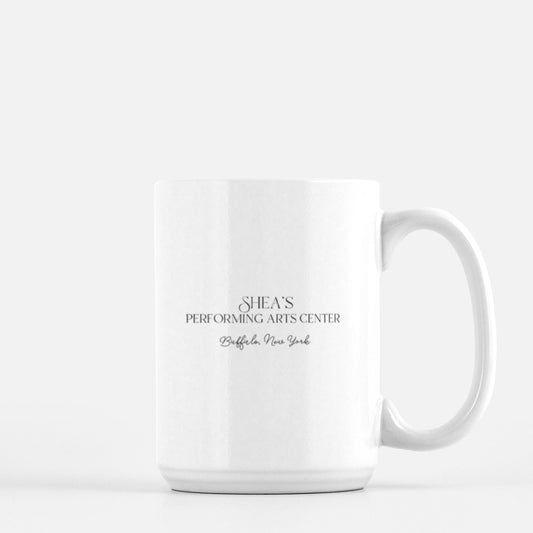 Back of white ceramic mug that says " Shea's Performing Arts Center Buffalo, New York" by Rust Belt Love