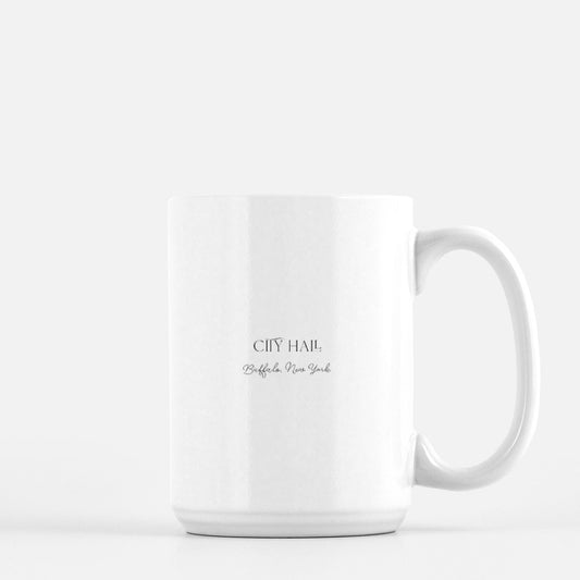 Back of white ceramic mug that says " City Hall Buffalo, New York" by Rust Belt Love