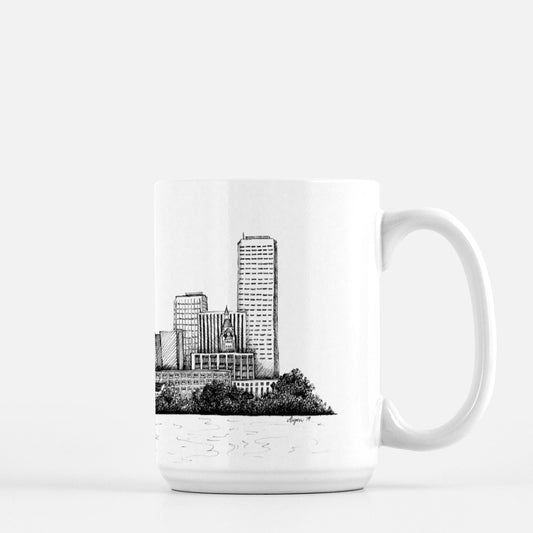 White ceramic mug with Buffalo skyline illustration by Rust Belt Love
