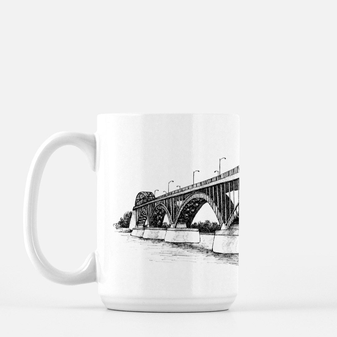 White ceramic mug with Peace Bridge illustration by Rust Belt Love
