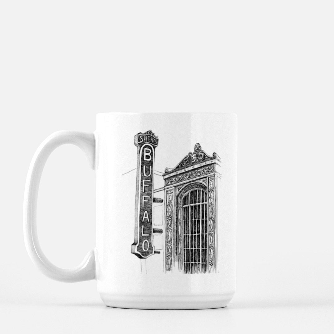 White ceramic mug with Shea's illustration by Rust Belt Love