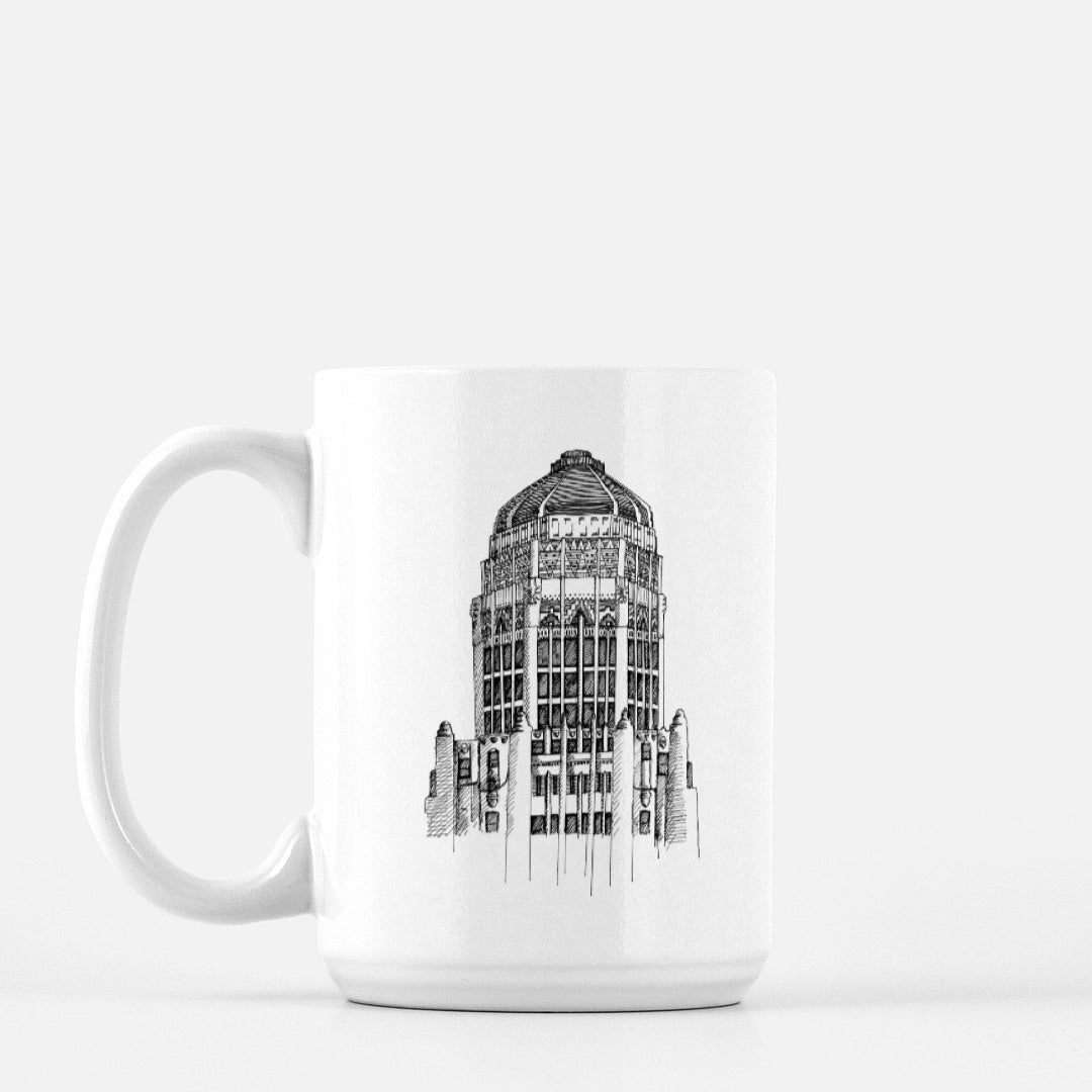 White ceramic mug with City Hall illustration by Rust Belt Love