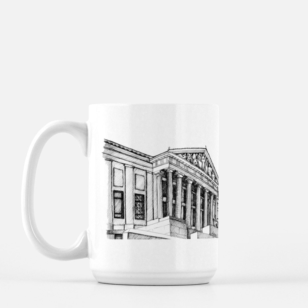 White ceramic mug with Buffalo History Museum illustration by Rust Belt Love