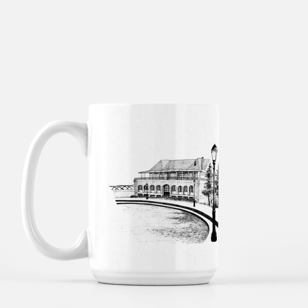 White ceramic mug with Marcy Casino illustration by Rust Belt Love