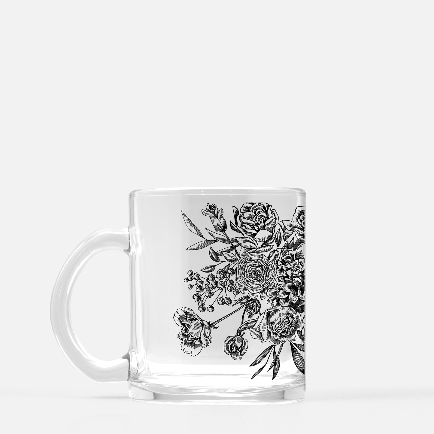 Clear glass mug with black florals by Rust Belt Love