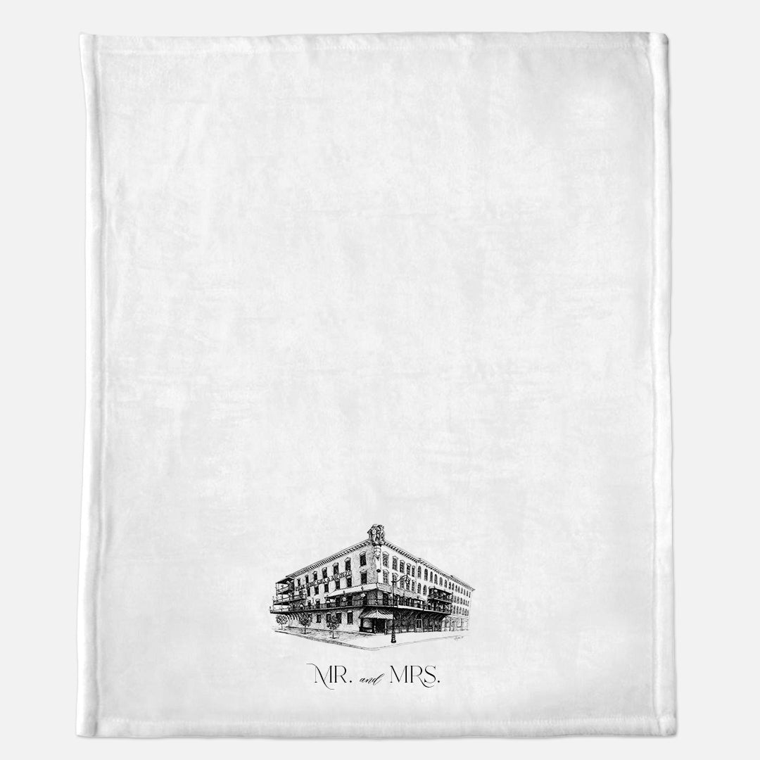 White minky blanket with Pearl Street Grill & Brewery illustration that says "Mr. and Mrs." by Rust Belt Love