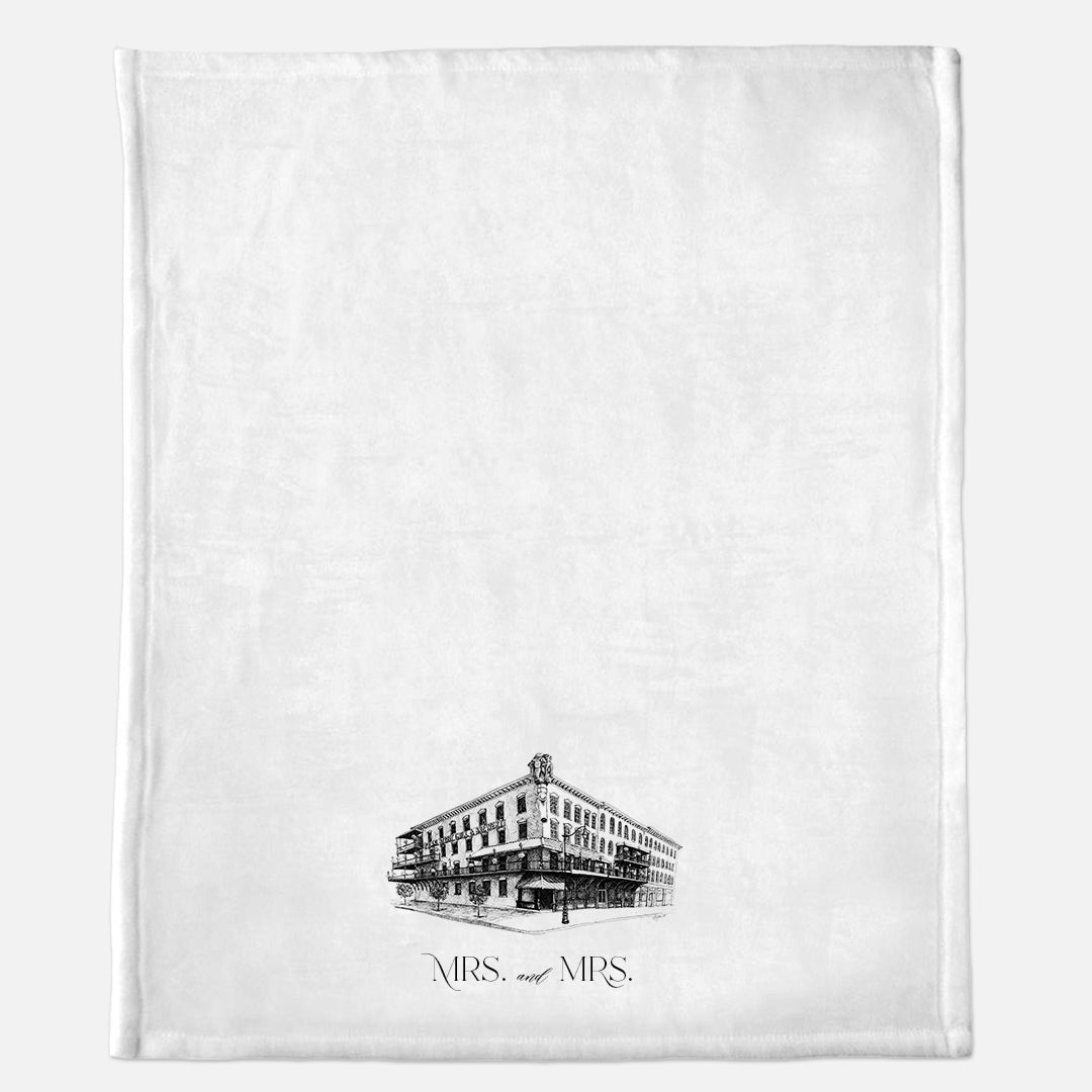 White minky blanket with Pearl Street Grill & Brewery illustration that says "Mrs. and Mrs." by Rust Belt Love