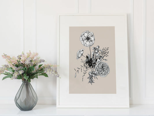 Framed digital taupe floral print by Rust Belt Love