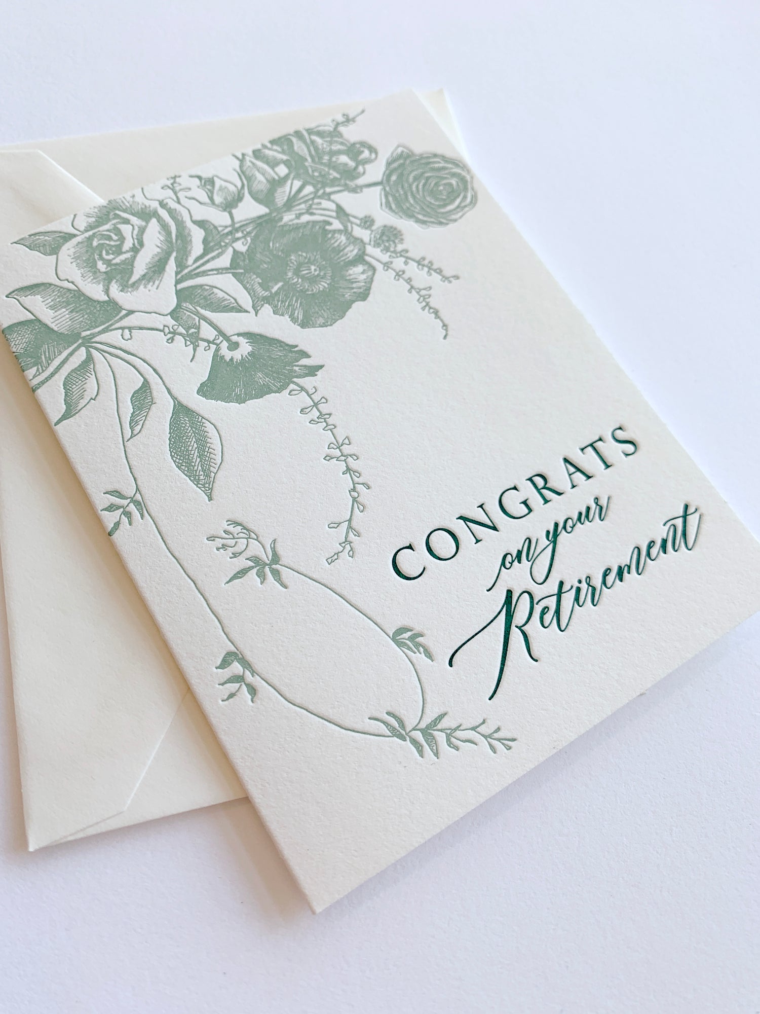 Letterpress retirement card with florals that says " Congrats on Your Retirement" by Rust Belt Love