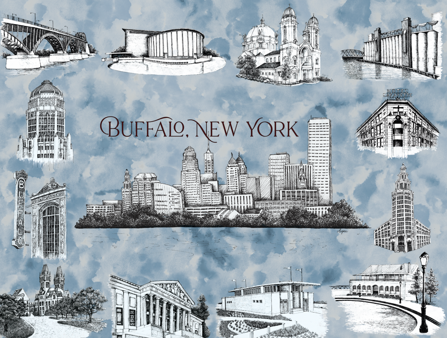 A variety of Buffalo landmark illustrations that make up a puzzle with blue background that says "Buffalo, New York" by Rust Belt Love
