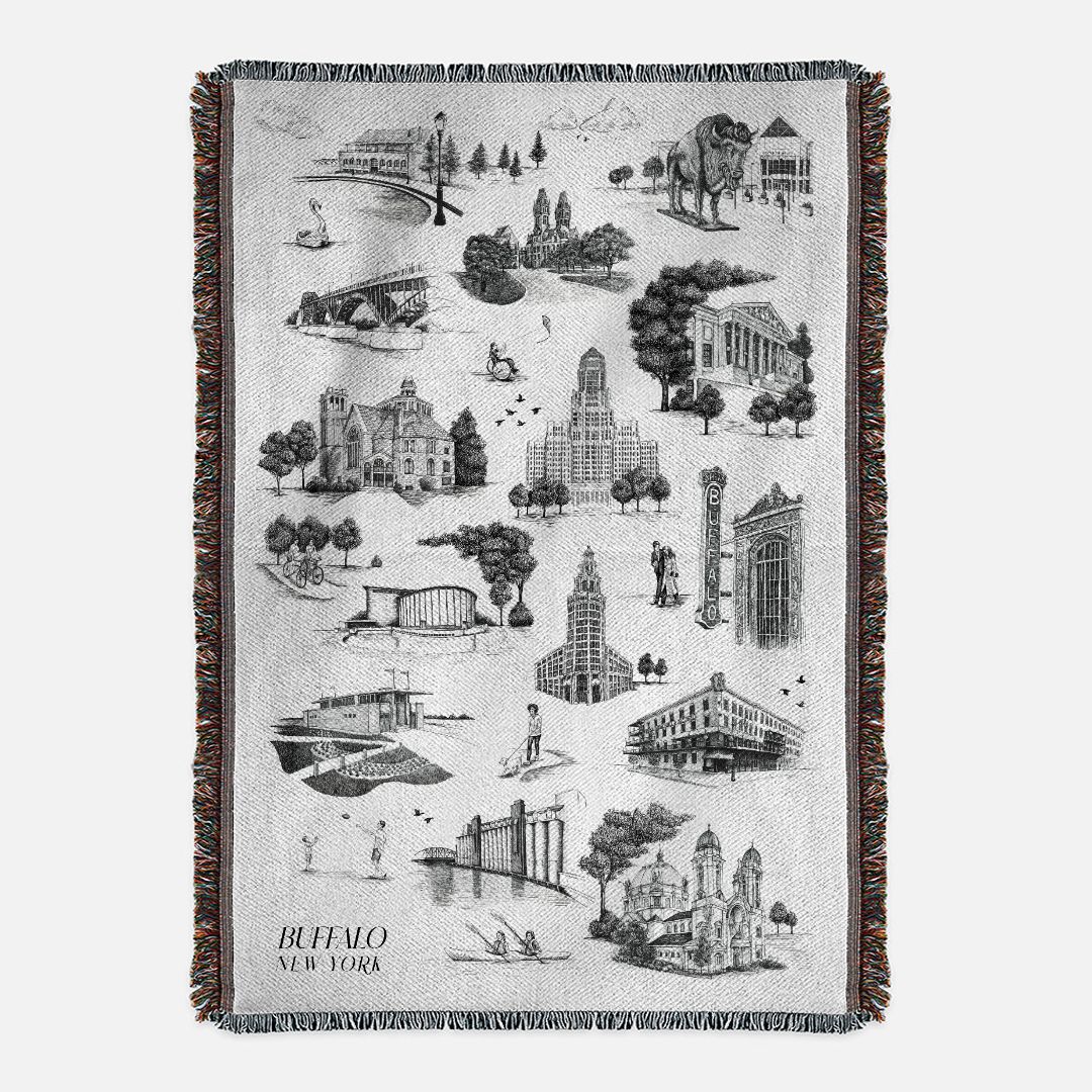 Woven buffalo landmark blanket that says "Buffalo, New York" by Rust Belt Love