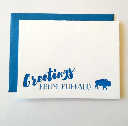 Letterpress greeting card with tiny blue buffalo that says : Greetings from Buffalo" by Rust Belt Love