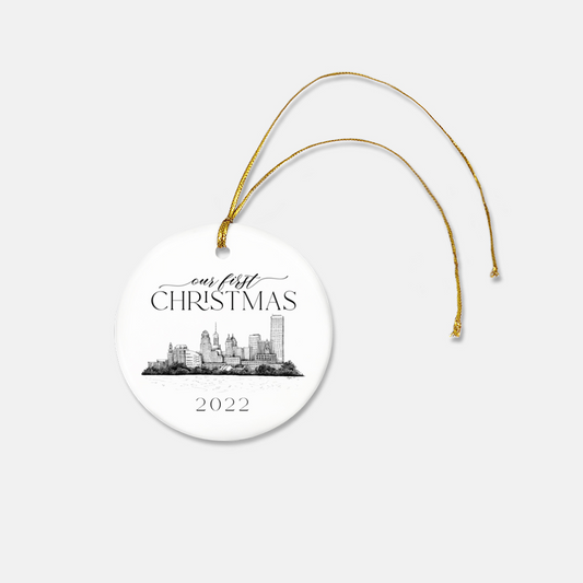 Our First Christmas - Buffalo, NY Skyline Glass Ornament - Round