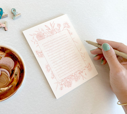 5 by 7 notepad with lined sheets with blush florals by Rust Belt Love