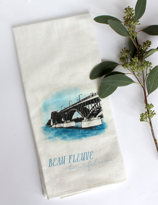 White Tea Towel with peace bridge illustration that says "beau fleuve beautiful river" by Rust Belt Love