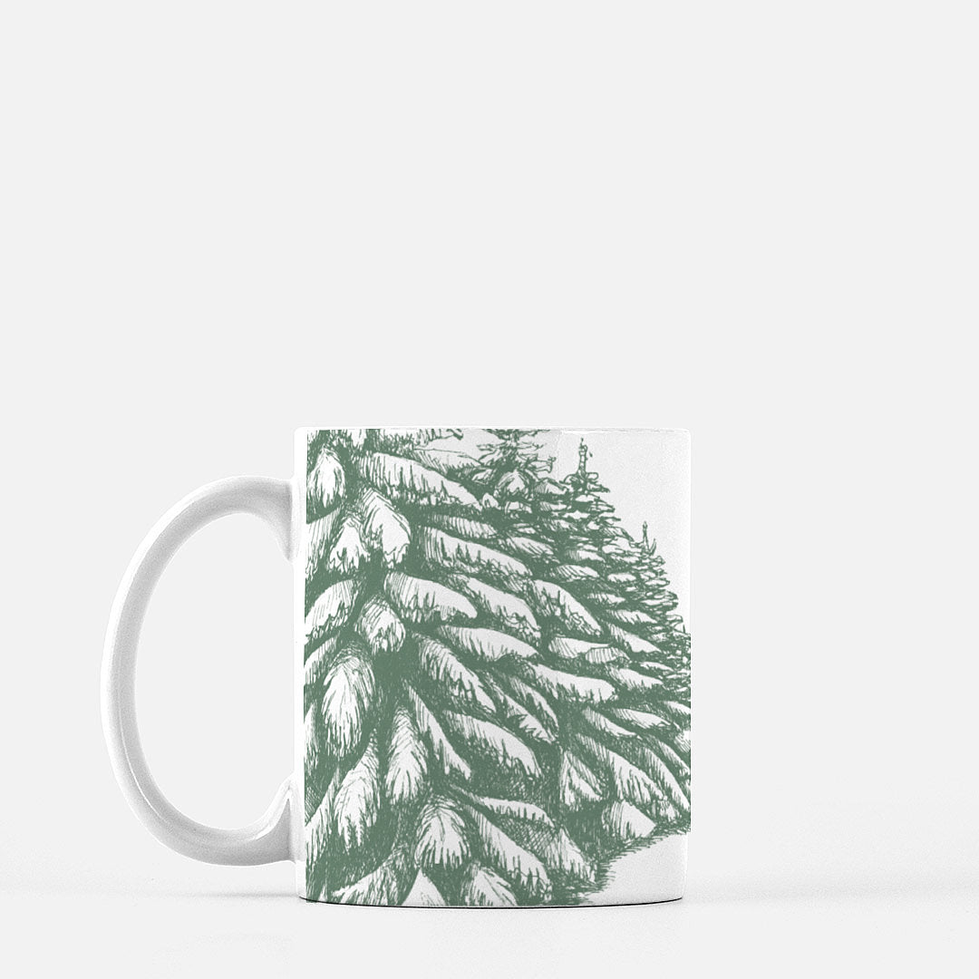 White ceramic mug with pinetree drawing